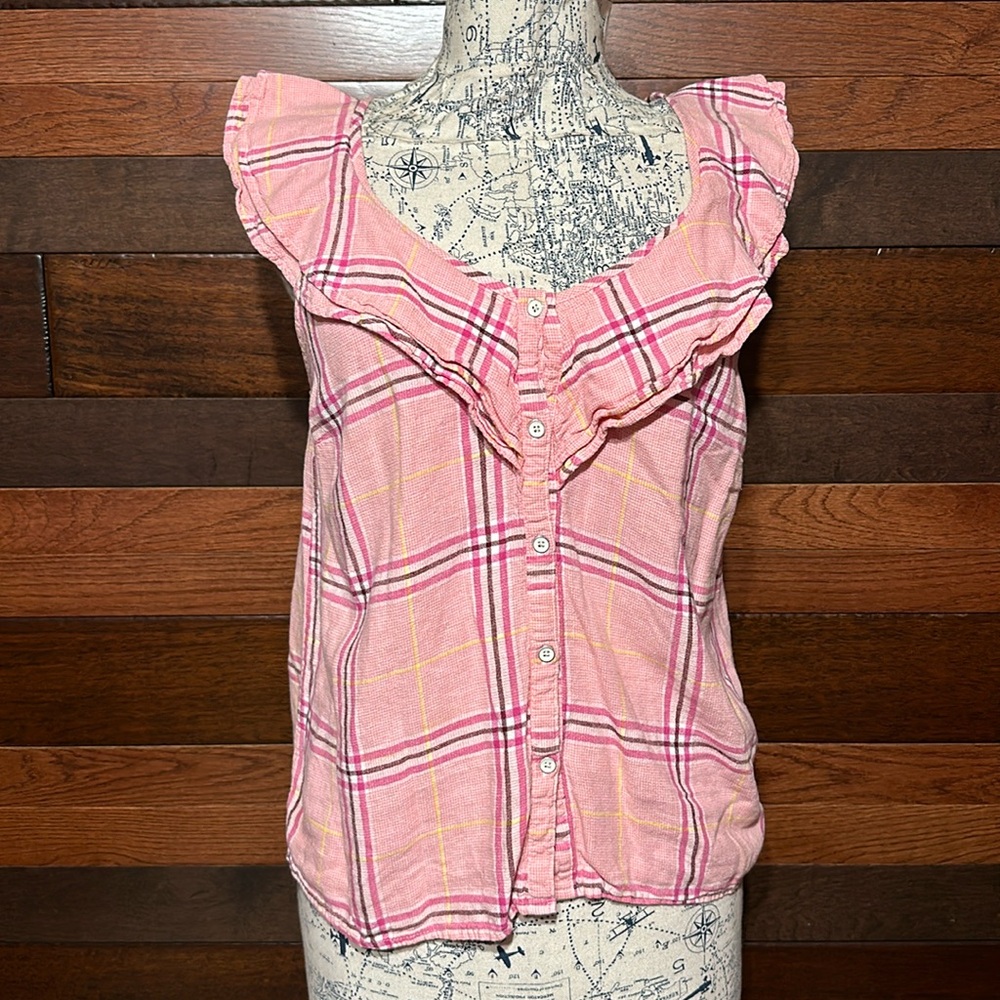 Old Navy Ruffled V Neck Pink Plaid Button Down Sleeveless Blouse